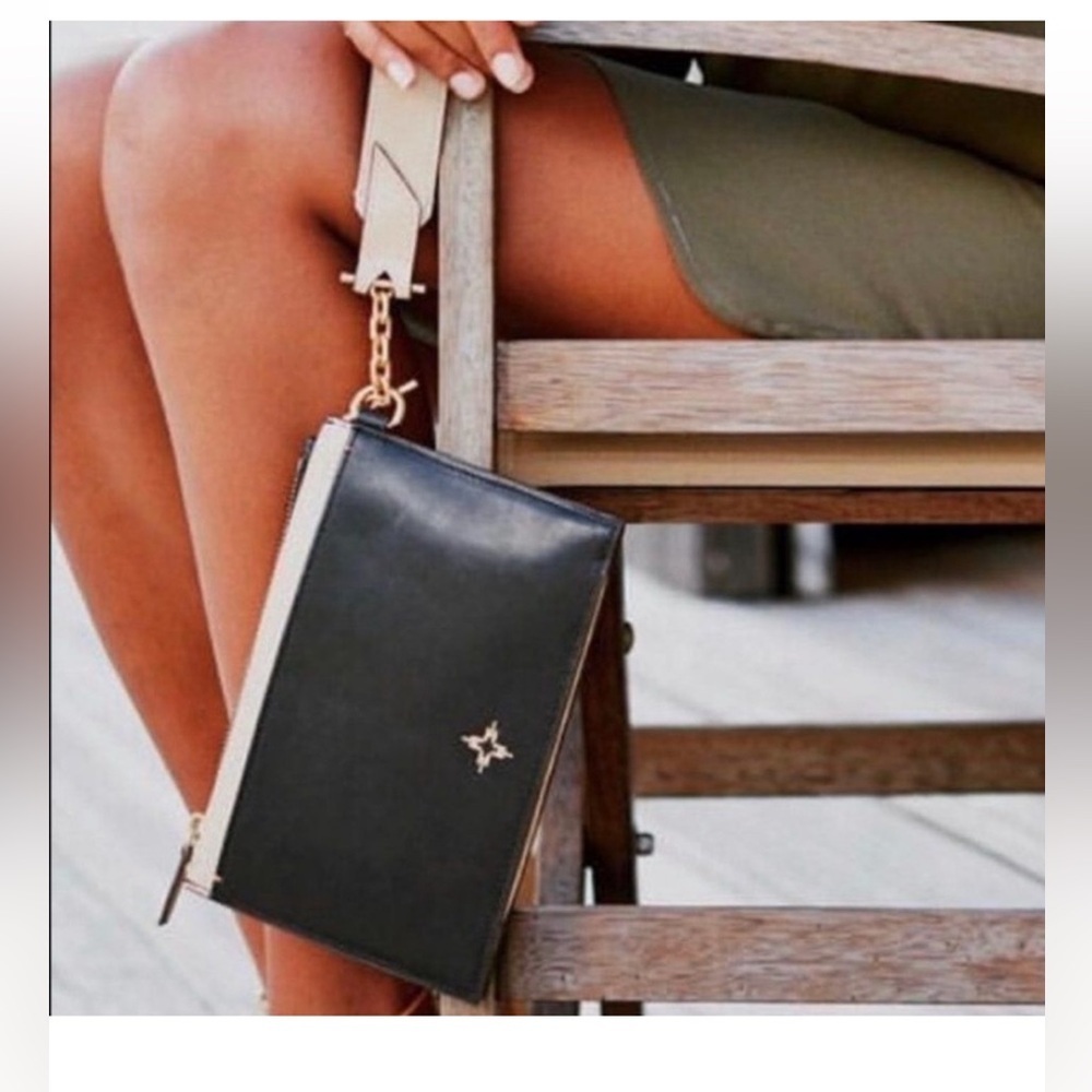 India Hicks ‘Carmen’ Black & Tan Leather Clutch With Tan Leather Wristlet Strap - Picture 2 of 14